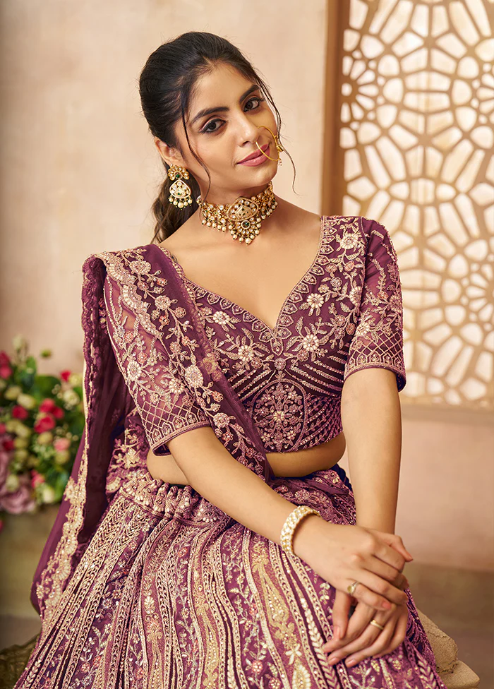 3 Pc Dark Purple Net Semi Stitched Lehenga Set - Image 2