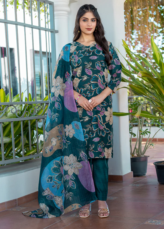 3 Pc Green Cotton Suit Set