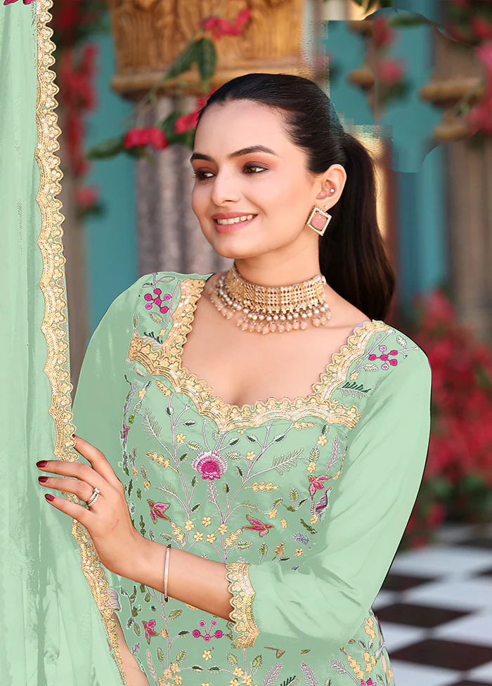 3 Pc Green Georgette Plazzo Suit Set - Image 2