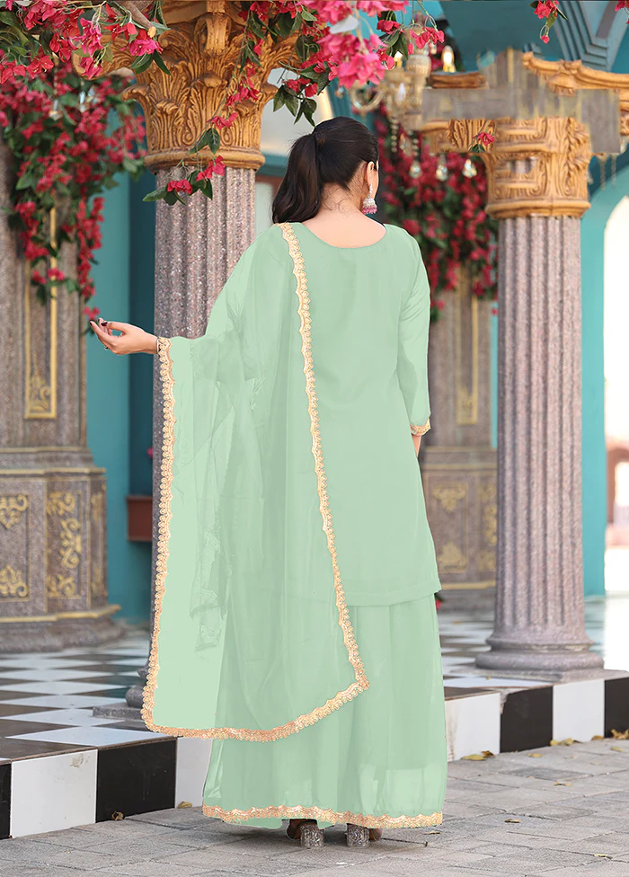 3 Pc Green Georgette Plazzo Suit Set - Image 3
