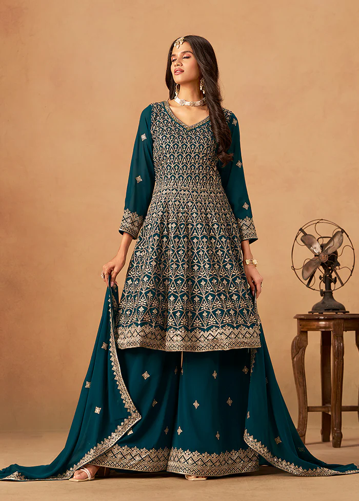 3 Pc Green Georgette Plazzo Suit Set
