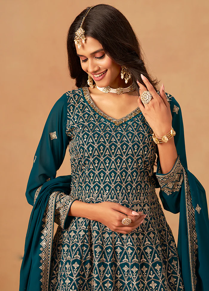 3 Pc Green Georgette Plazzo Suit Set - Image 2