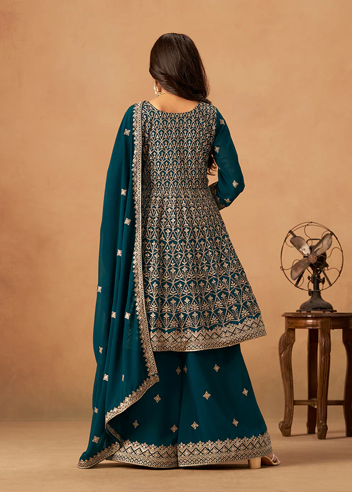 3 Pc Green Georgette Plazzo Suit Set - Image 3