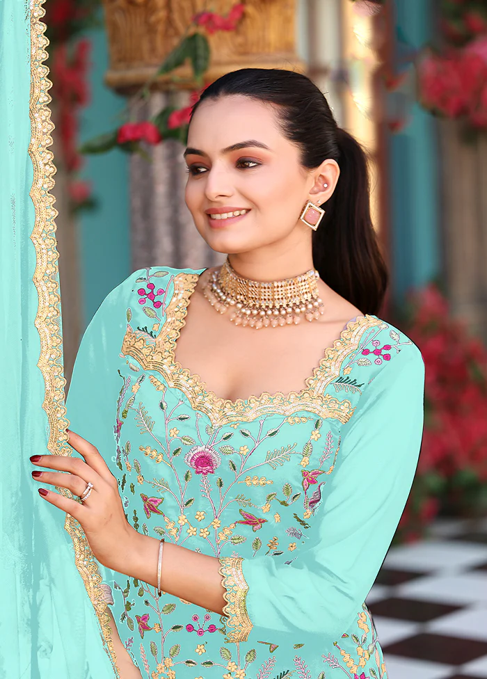 3 Pc Green Georgette Plazzo Skirt Suit Set - Image 2