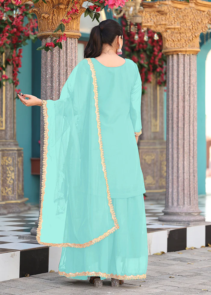 3 Pc Green Georgette Plazzo Skirt Suit Set - Image 3