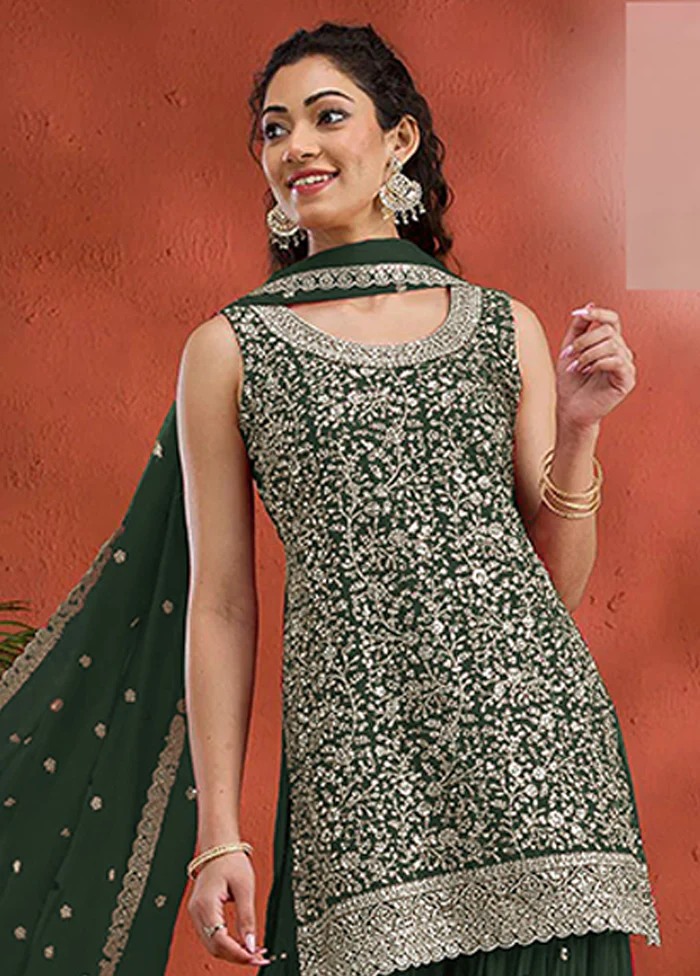 3 Pc Green Georgette Plazzo Suit Set - Image 2