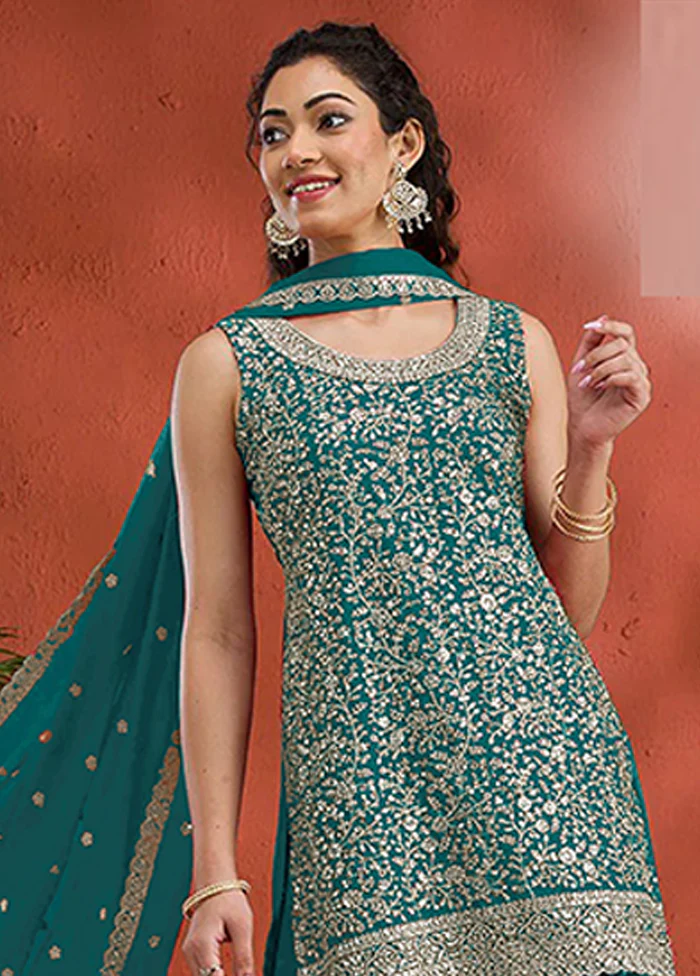3 Pc Green Georgette Plazzo Suit Set - Image 2