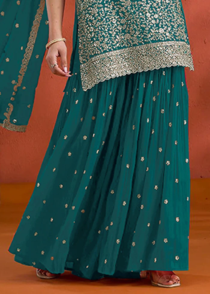 3 Pc Green Georgette Plazzo Suit Set - Image 3