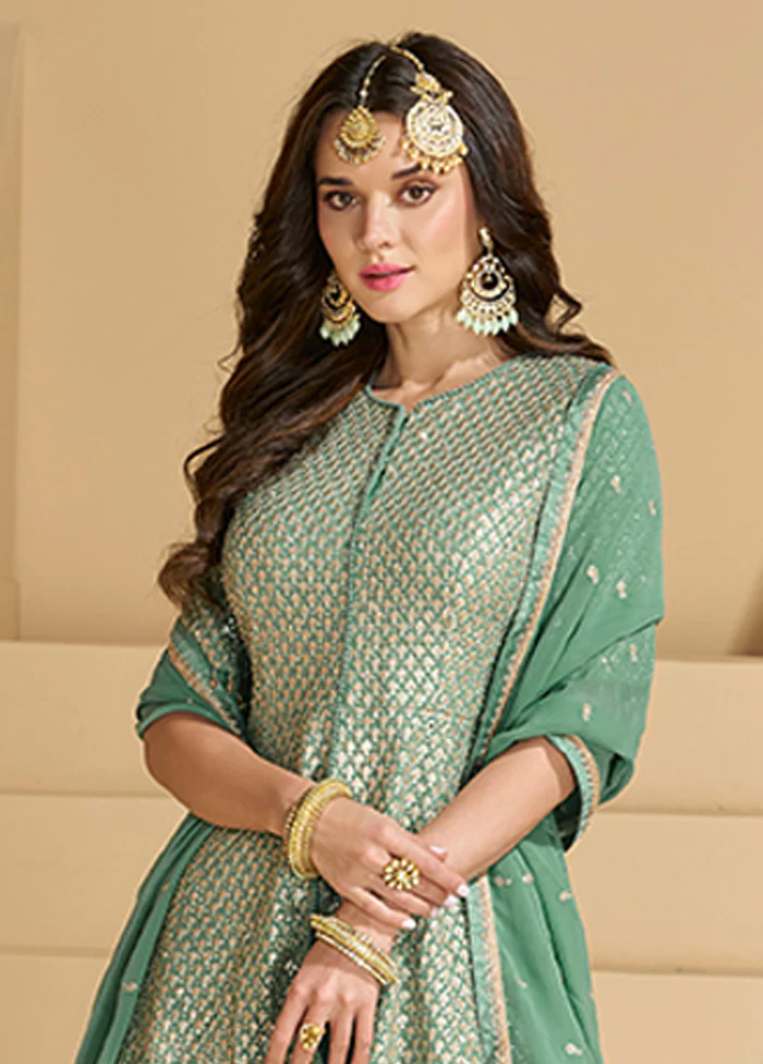 3 Pc Green Georgette Sharara Suits Set - Image 2