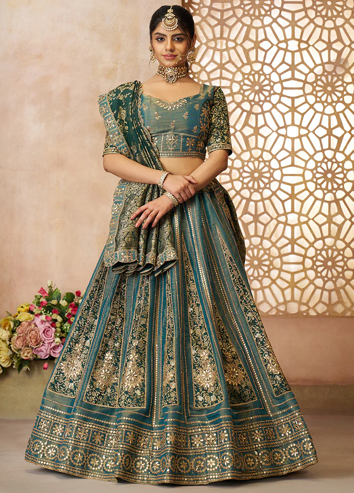 3 Pc Green Net Semi Stitched Lehenga Set
