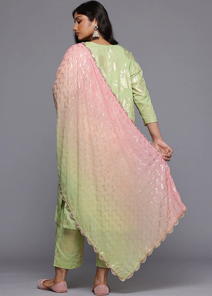 3 Pc Green Pure Readymade Cotton Dupatta Suit Set - Image 3