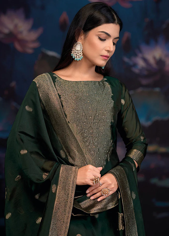 3 Pc Green Pure Semi Stitched Silk Dupatta Suit Set - Image 2