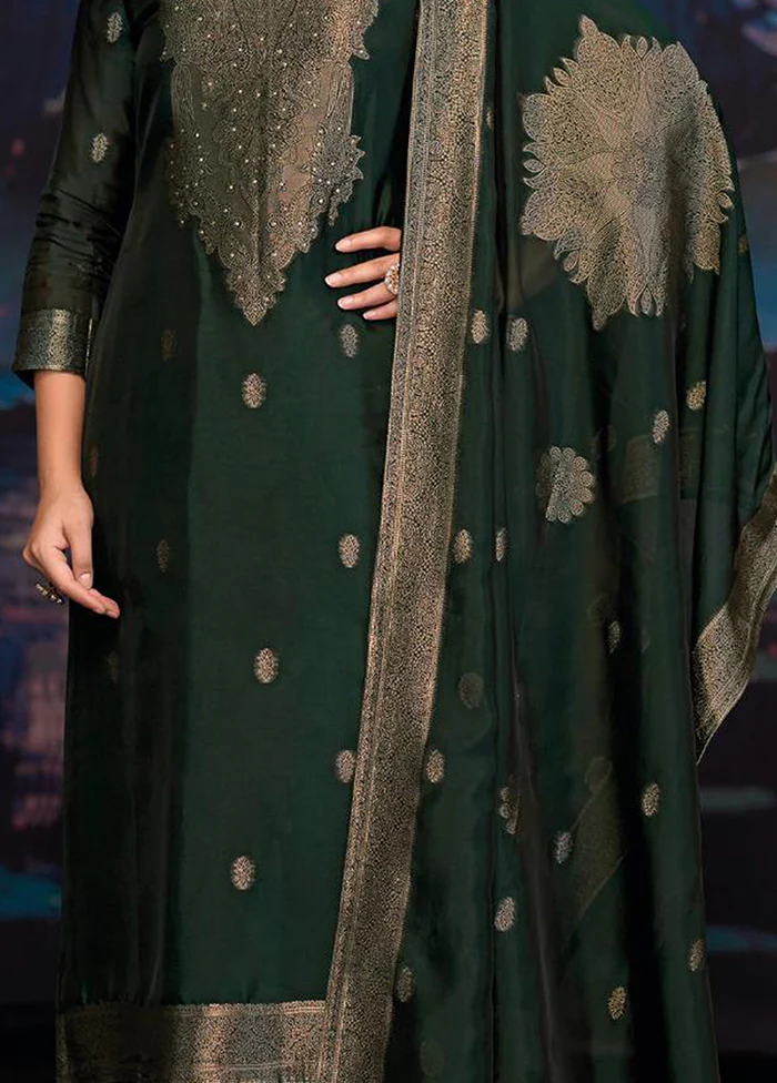 3 Pc Green Pure Semi Stitched Silk Dupatta Suit Set - Image 3