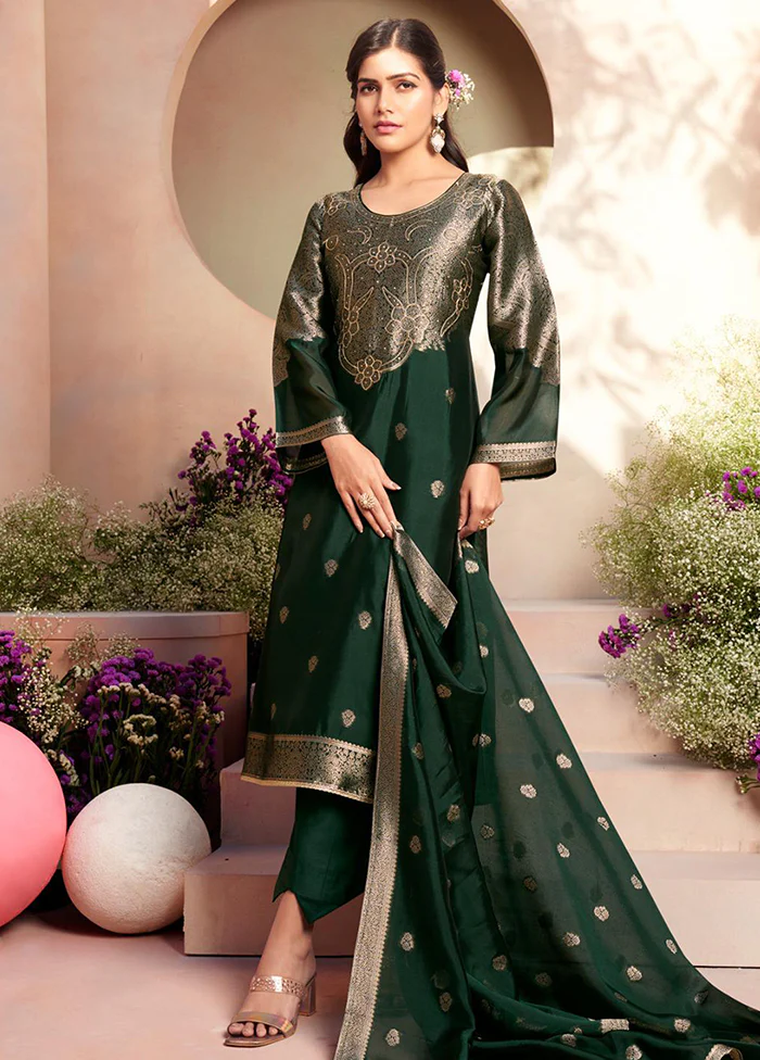 3 Pc Green Pure Semi Stitched Silk Dupatta Suit Set