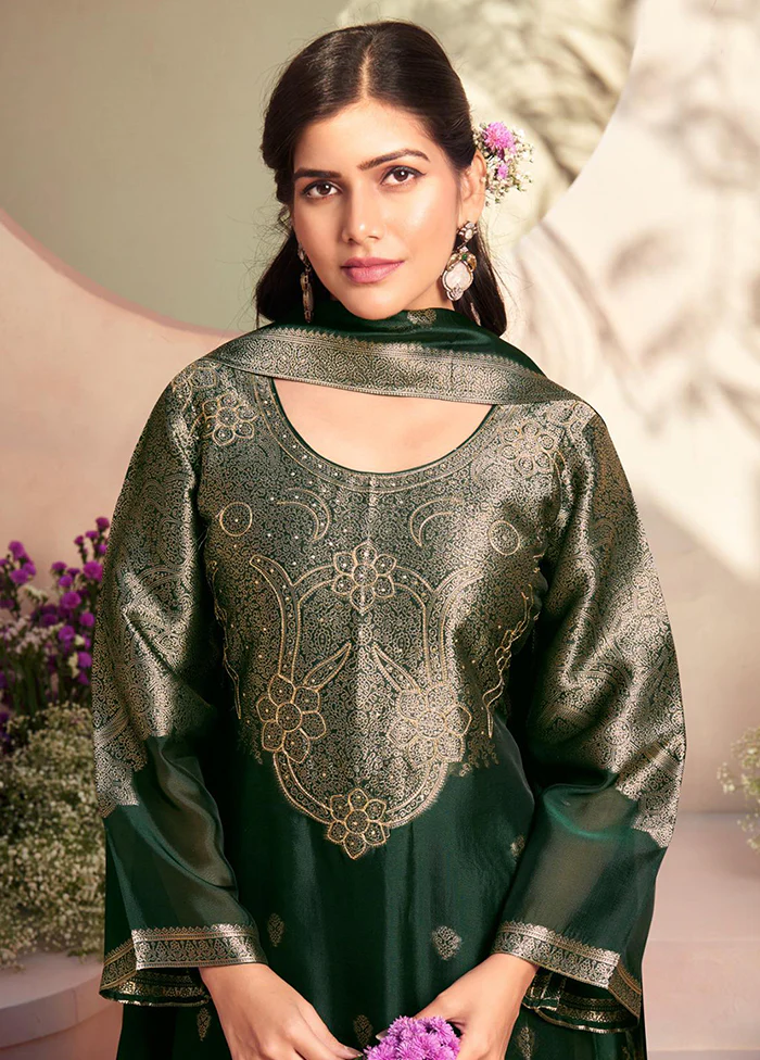 3 Pc Green Pure Semi Stitched Silk Dupatta Suit Set - Image 2