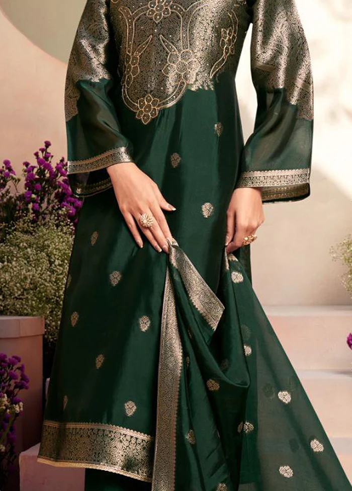 3 Pc Green Pure Semi Stitched Silk Dupatta Suit Set - Image 3