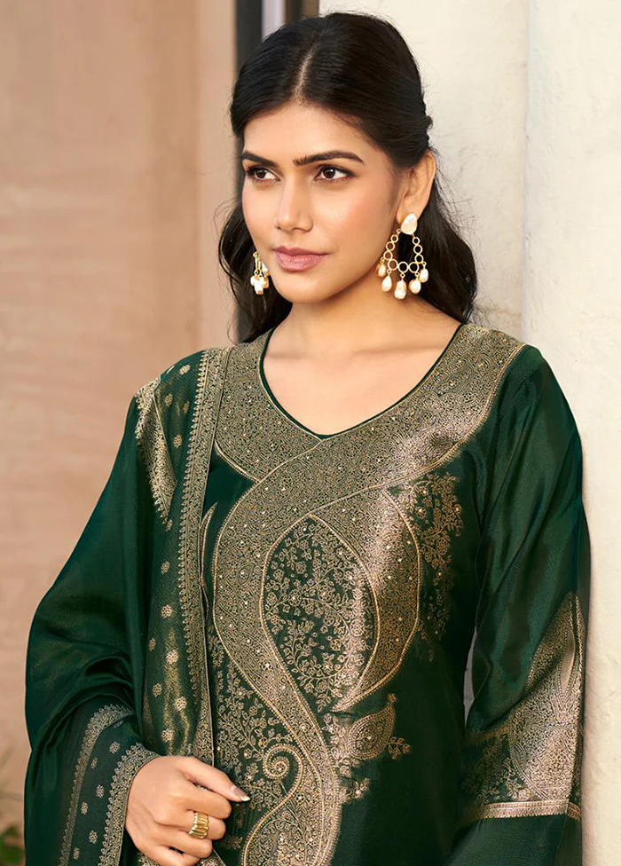 3 Pc Green Pure Semi Stitched Silk Dupatta Suit Set - Image 2