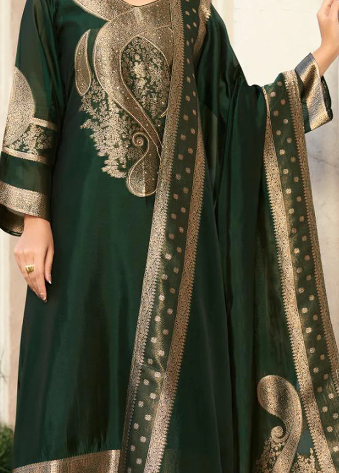 3 Pc Green Pure Semi Stitched Silk Dupatta Suit Set - Image 3