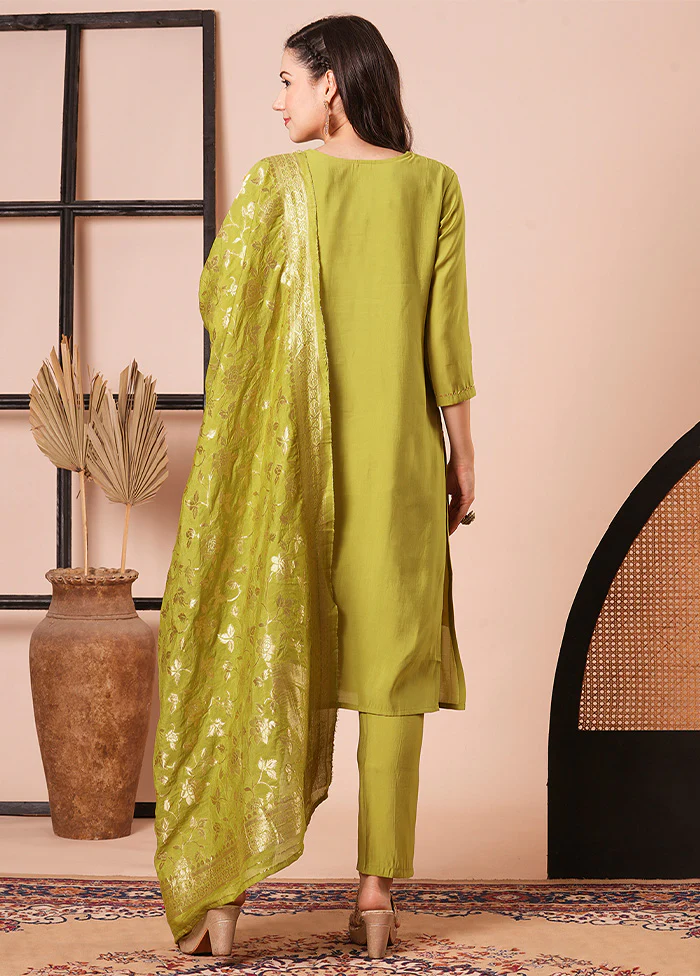 3 Pc Green Readymade Chanderi Dupatta Suit Set - Image 2