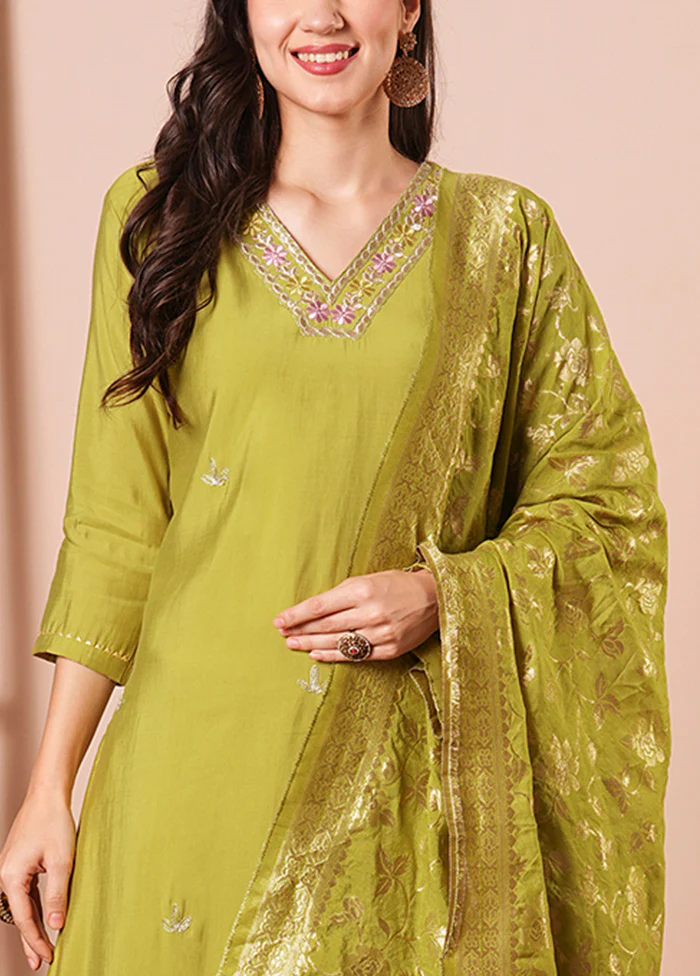 3 Pc Green Readymade Chanderi Dupatta Suit Set - Image 3