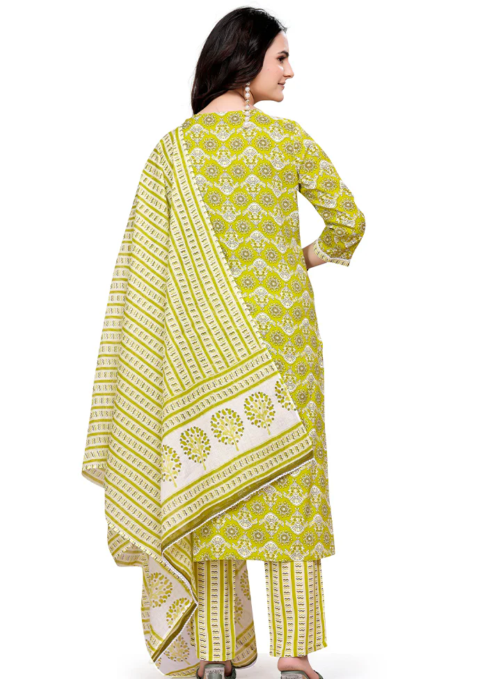 3 Pc Green Readymade Cotton Dupatta Suit Set - Image 3