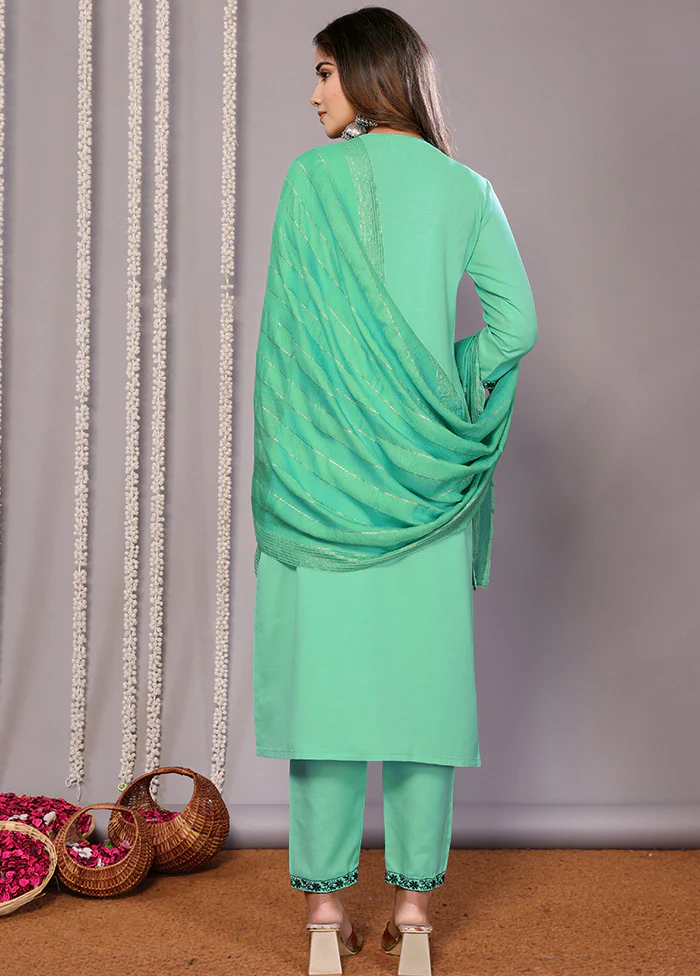 3 Pc Green Readymade Cotton Suit Set - Image 2