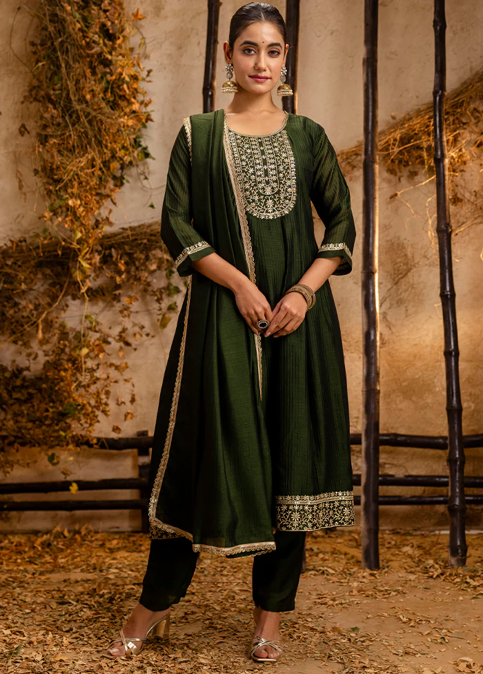 3 Pc Green Readymade Silk Dupatta Suit Set