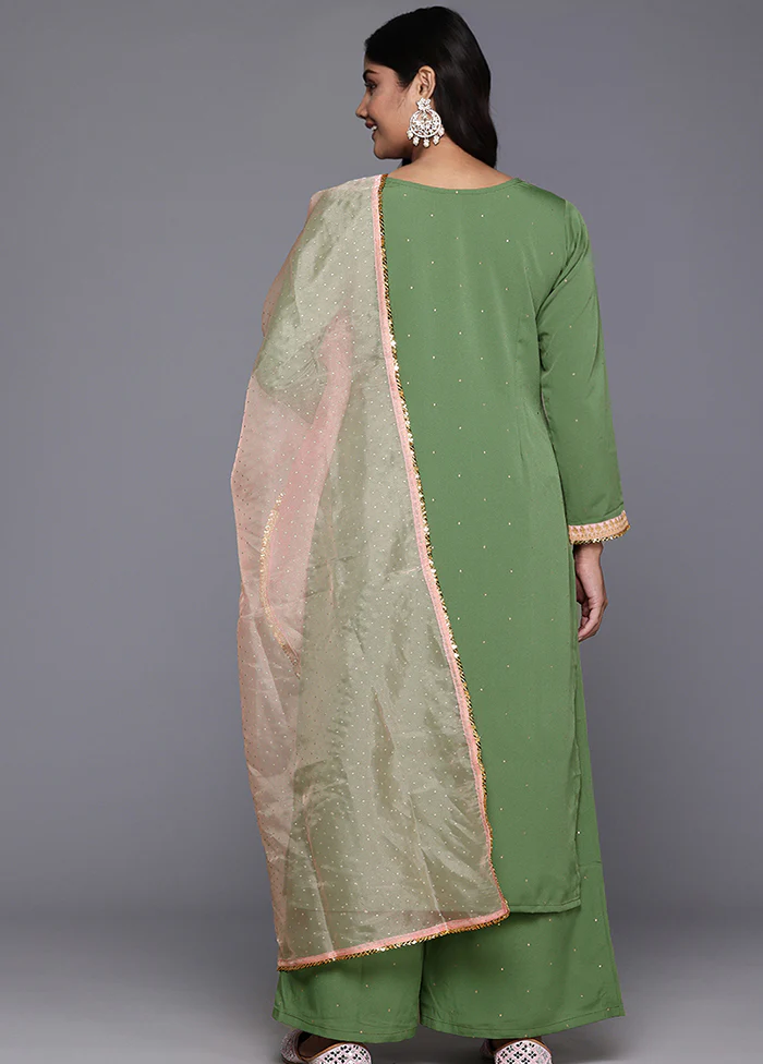 3 Pc Green Readymade Silk Dupatta Suit Set - Image 3