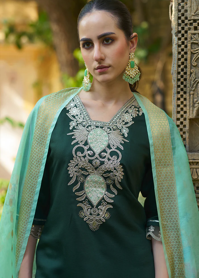 3 Pc Green Readymade Viscose Dupatta Suit Set - Image 2