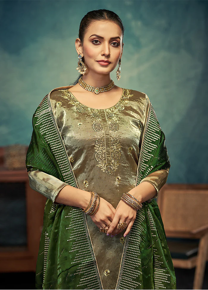 3 Pc Green Semi Stitched Silk Dupatta Suit Set - Image 2
