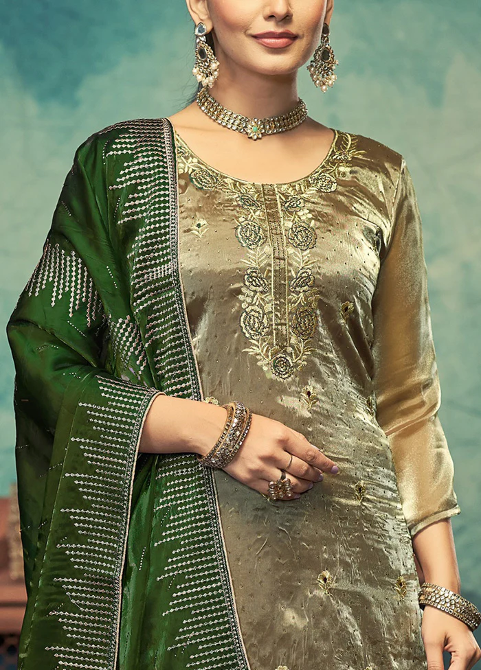 3 Pc Green Semi Stitched Silk Dupatta Suit Set - Image 3