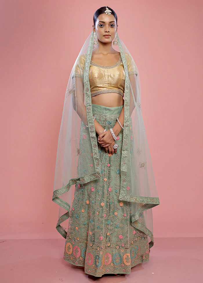 3 Pc Green Semi Stitched Silk Lehenga Set