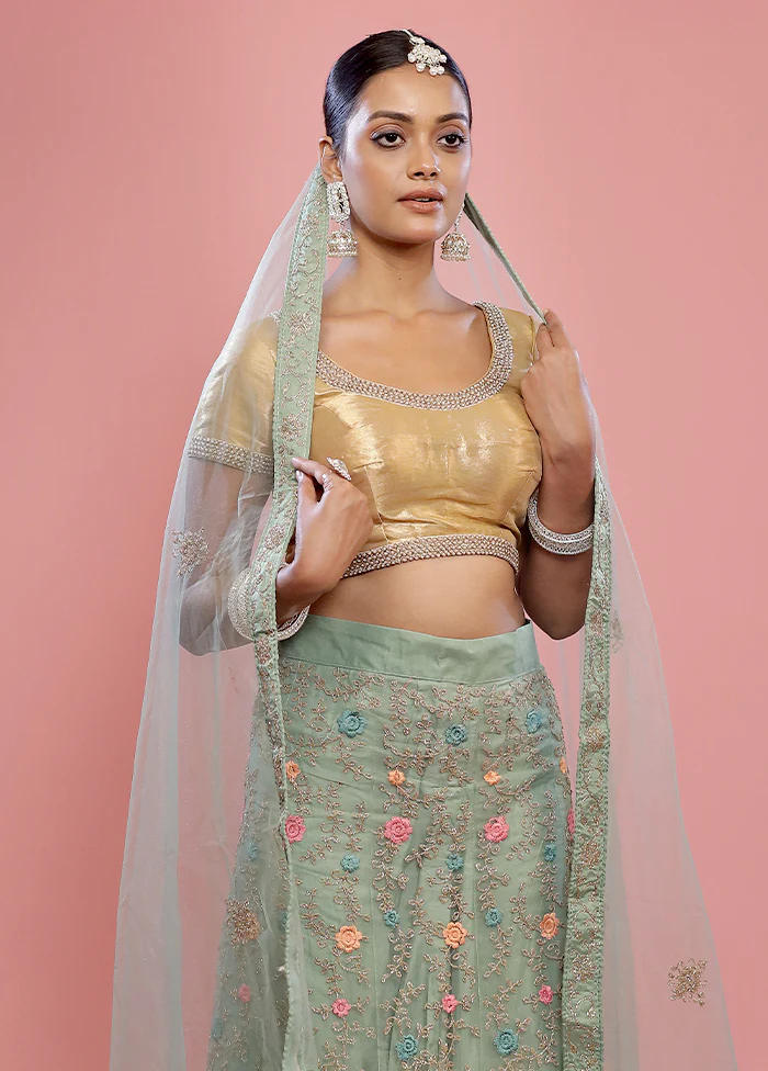 3 Pc Green Semi Stitched Silk Lehenga Set - Image 2