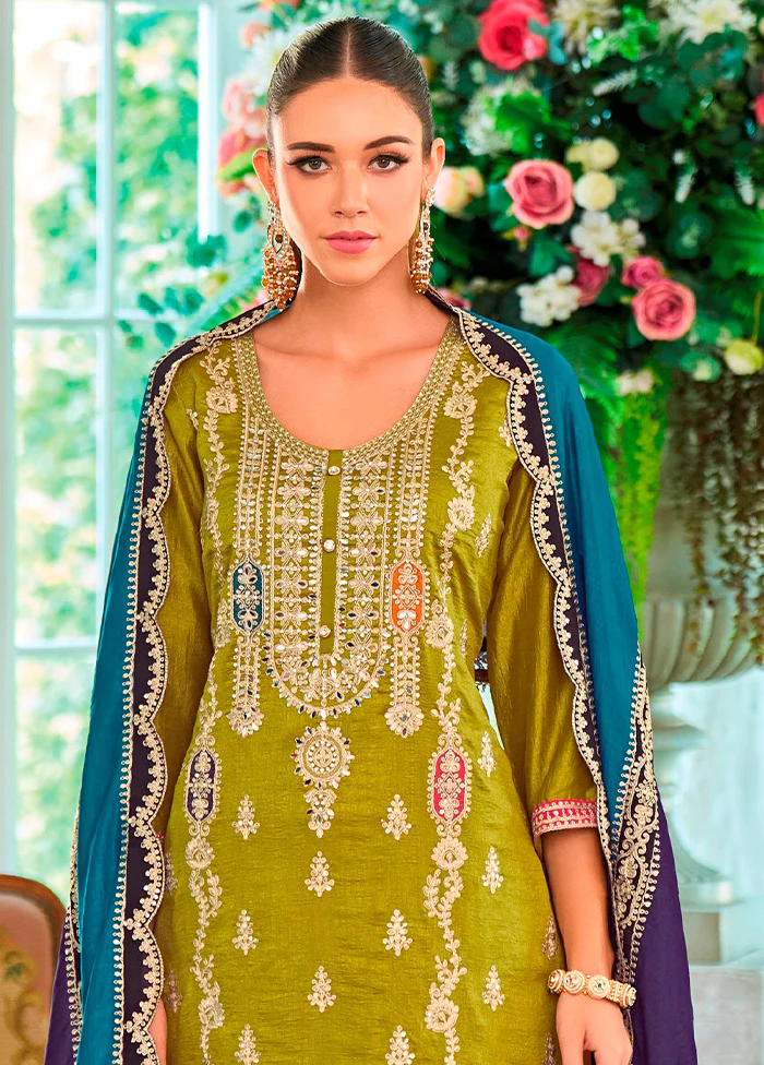 3 Pc Green Semi Stitched Silk Suit Set - Image 2