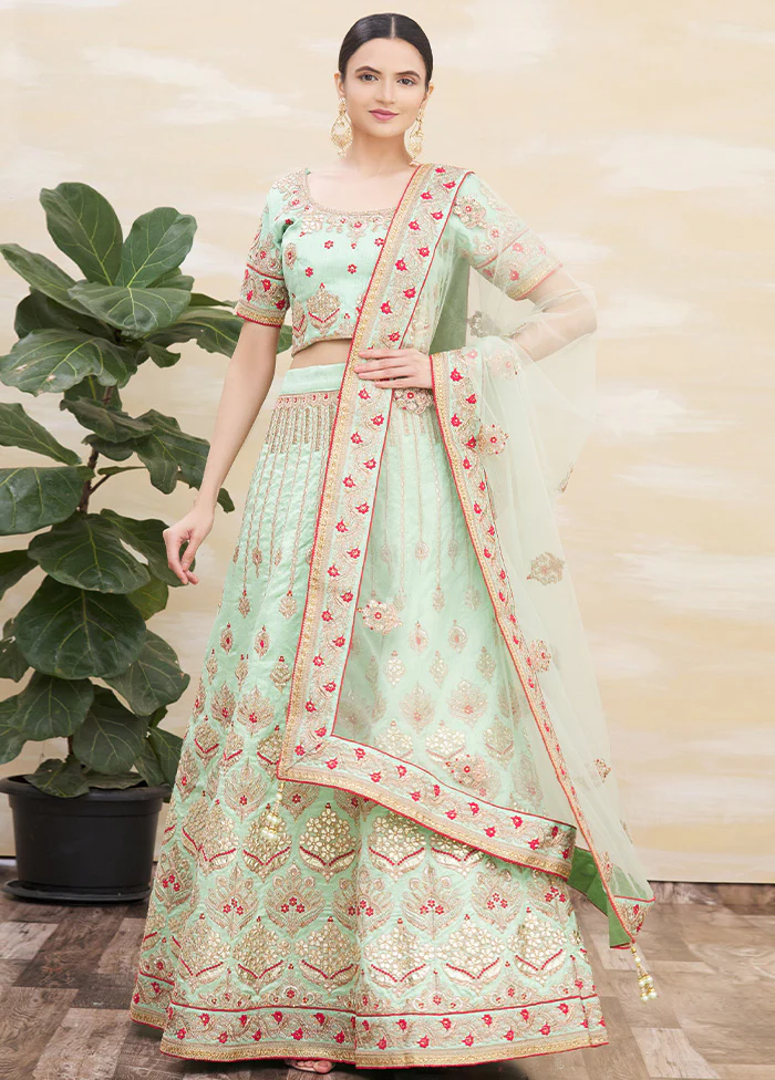 3 Pc Green Silk Semi Stitched Lehenga Set