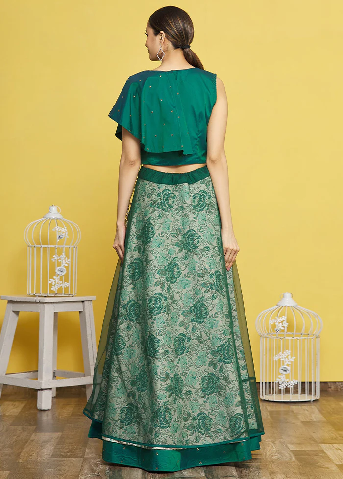 3 Pc Green Silk Semi Stitched Lehenga Set - Image 2
