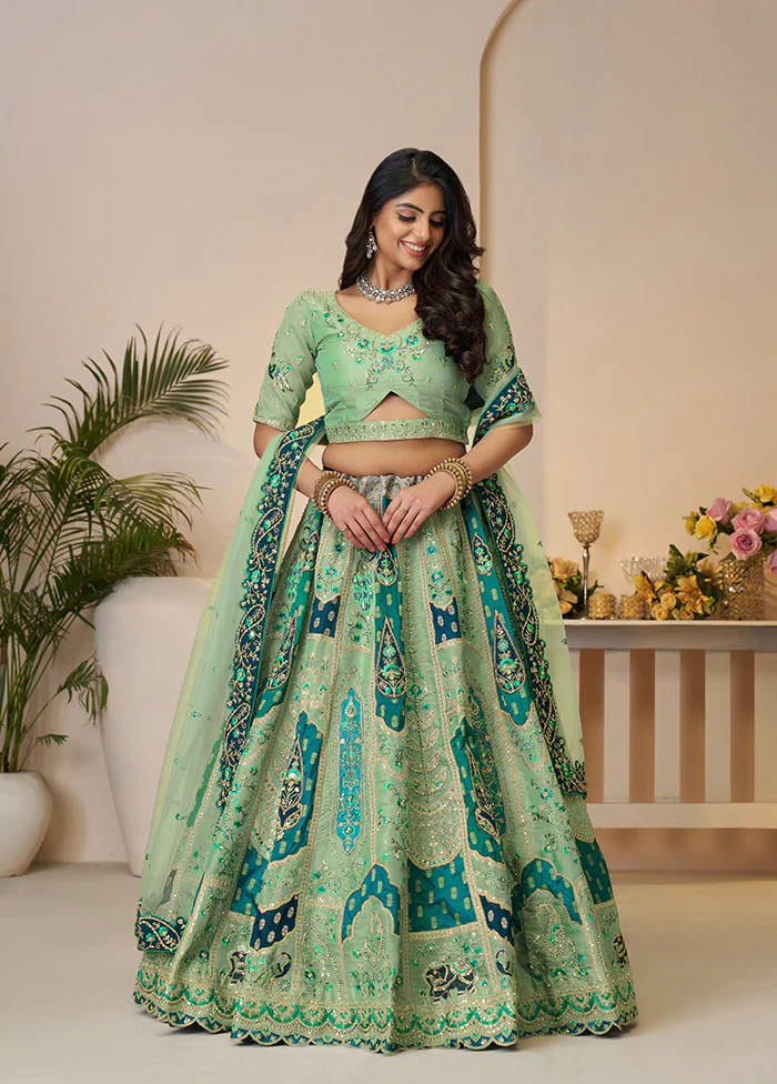3 Pc Green Silk Semi Stitched Lehenga Set