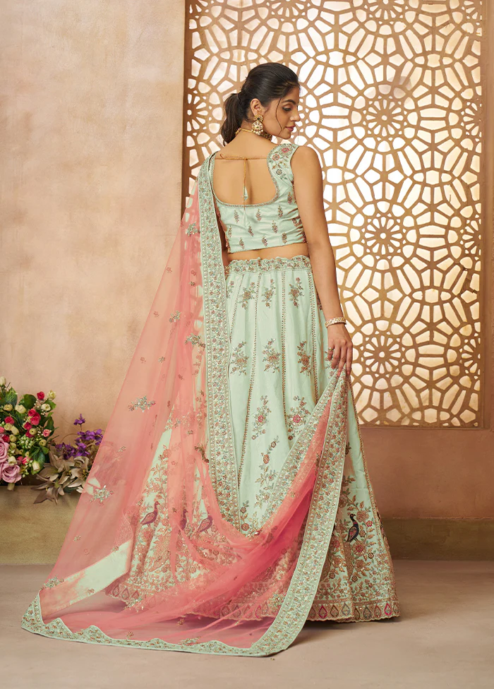 3 Pc Green Silk Semi Stitched Lehenga Set - Image 3