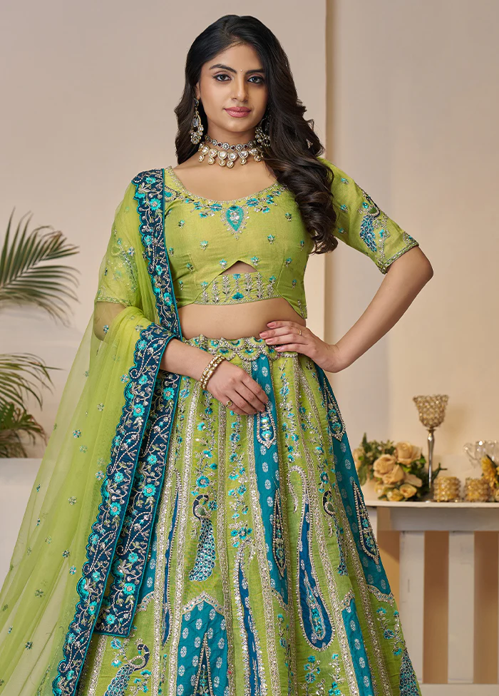 3 Pc Green Silk Semi Stitched Lehenga Set - Image 2
