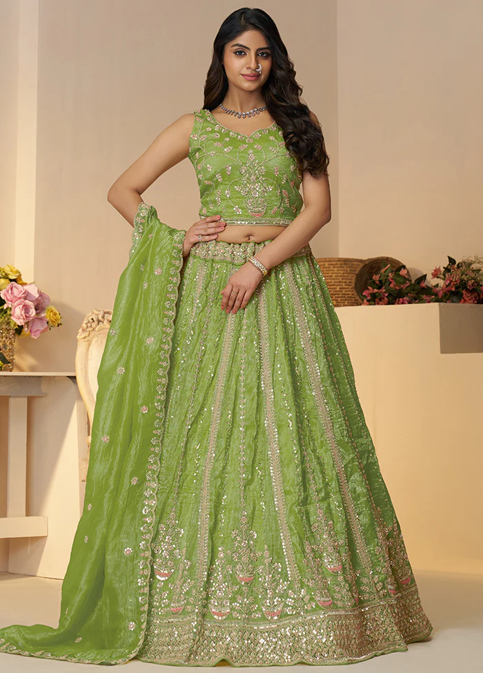 3 Pc Green Silk Semi Stitched Lehenga Set