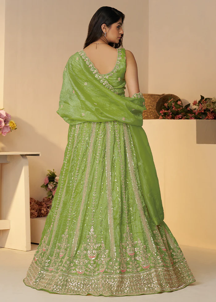 3 Pc Green Silk Semi Stitched Lehenga Set - Image 3