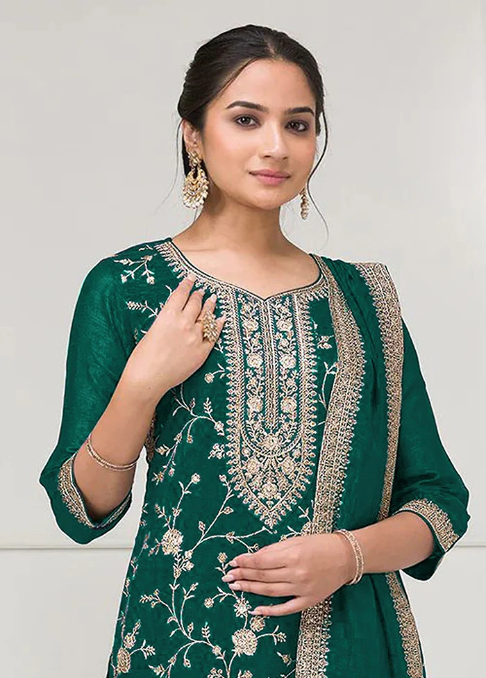 3 Pc Green Silk Plazzo Suit Set - Image 2