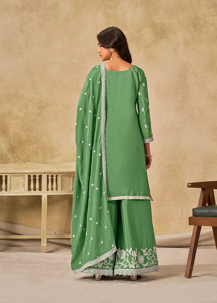 3 Pc Green Silk Plazzo Suit Set - Image 3