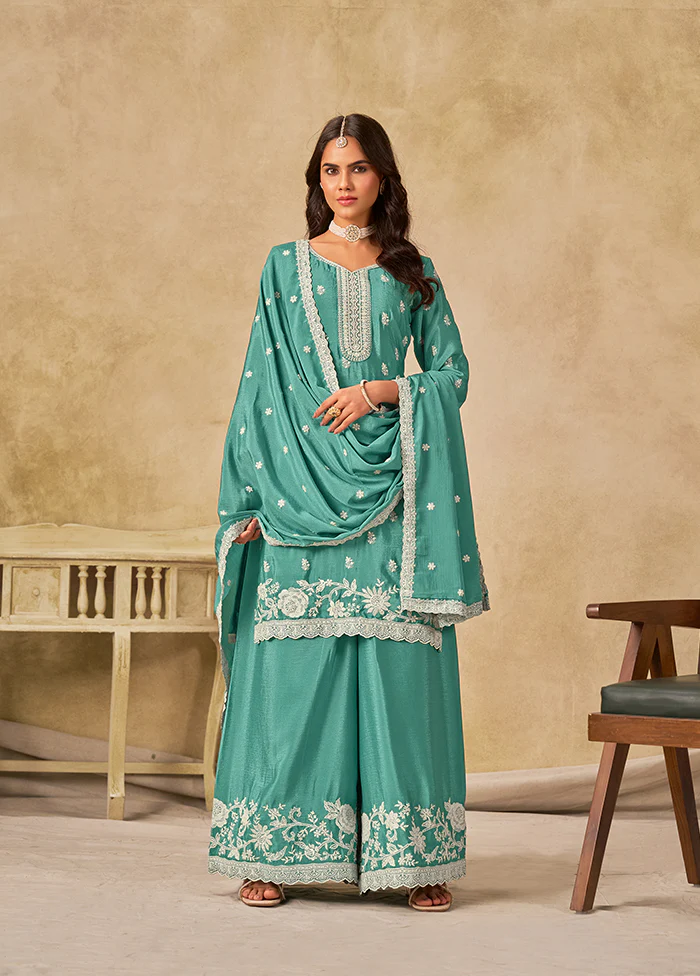 3 Pc Green Silk Plazzo Suit Set