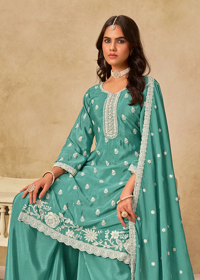3 Pc Green Silk Plazzo Suit Set - Image 2
