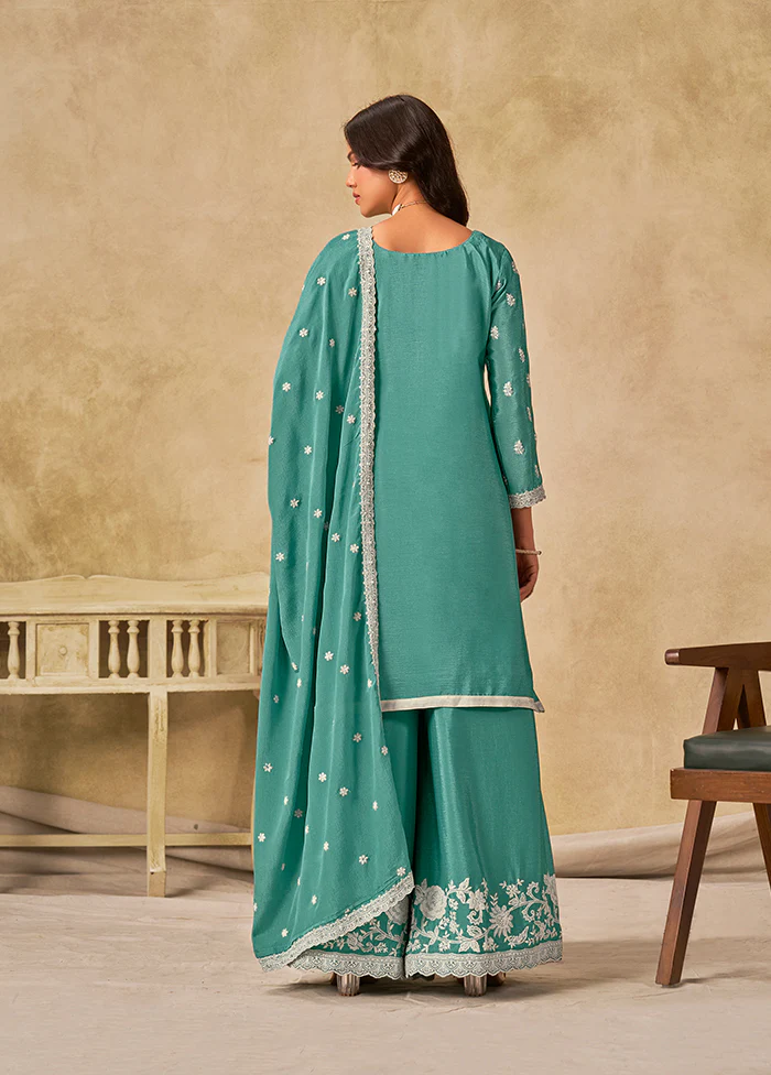 3 Pc Green Silk Plazzo Suit Set - Image 3