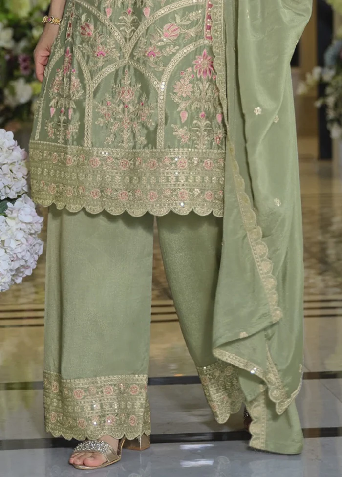 3 Pc Green Silk Plazzo Suit Set - Image 3