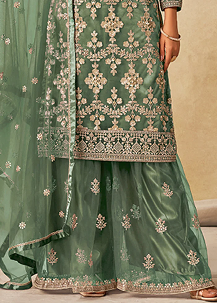 3 Pc Green Silk Plazzo Suit Set - Image 3