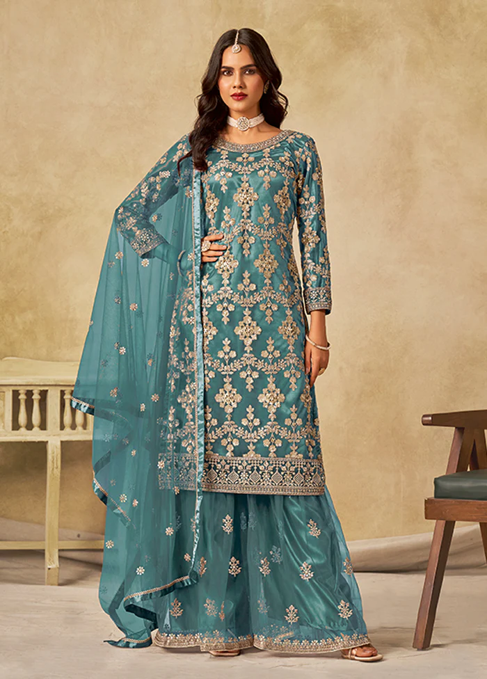 3 Pc Green Silk Plazzo Suit Set