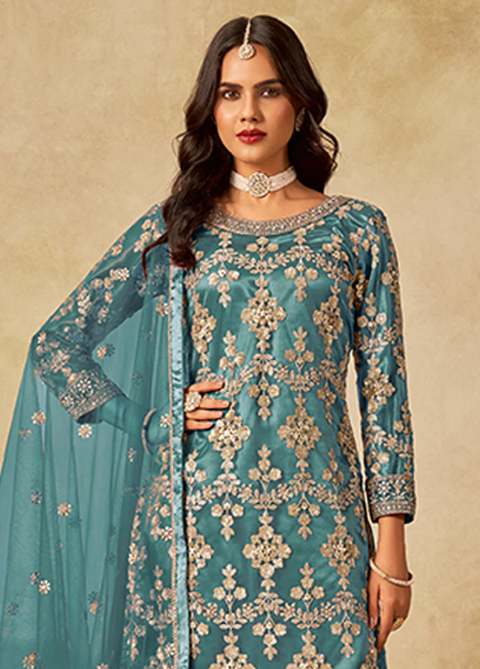3 Pc Green Silk Plazzo Suit Set - Image 2